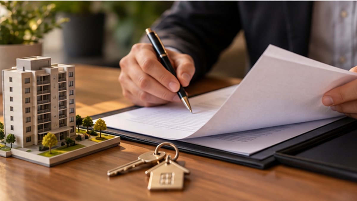 Documentos e contrato de compra de imóvel sobre a mesa