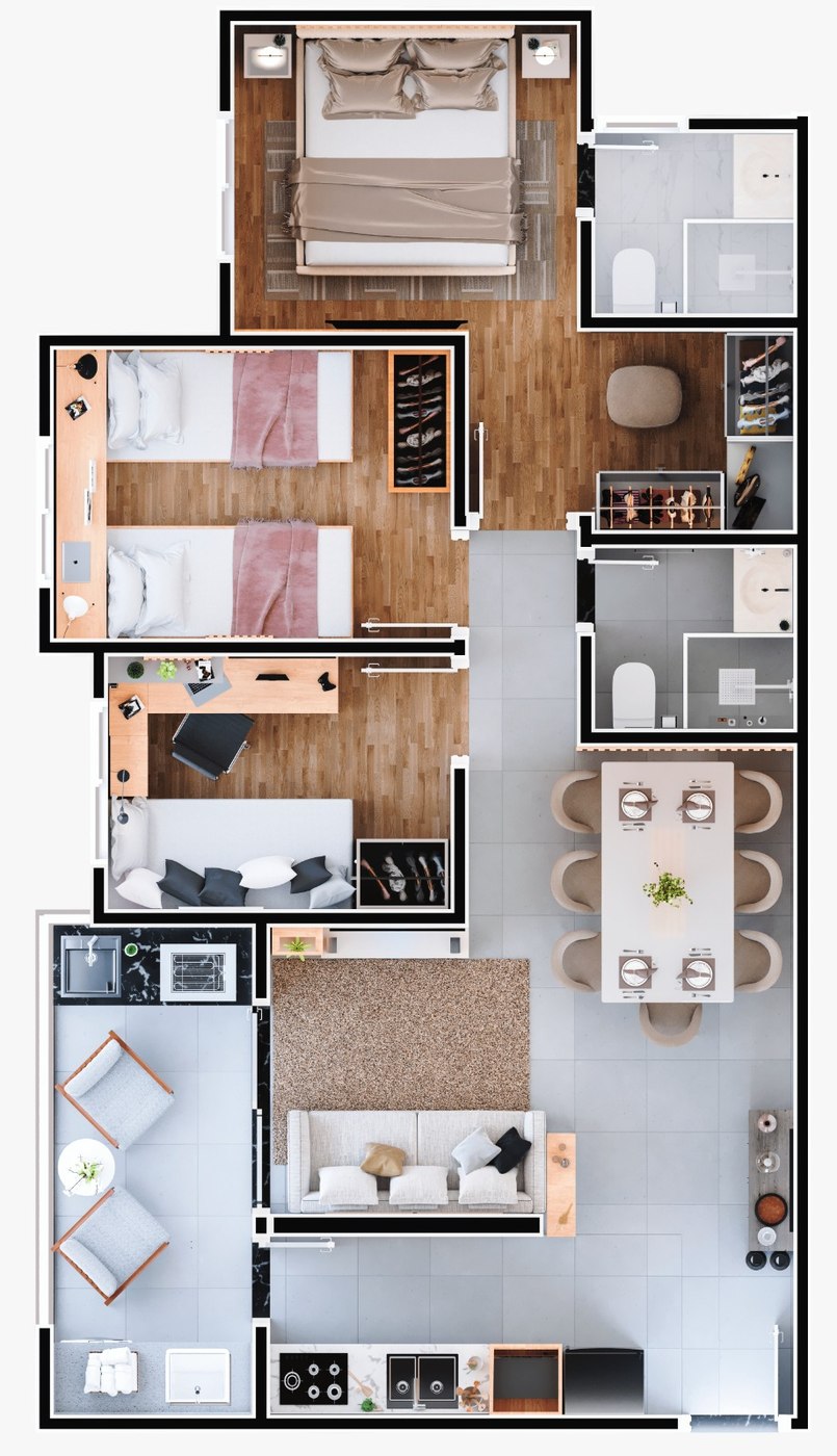 Planta de 69 m² do Reserva Carvalho Residencial — Premium Plus