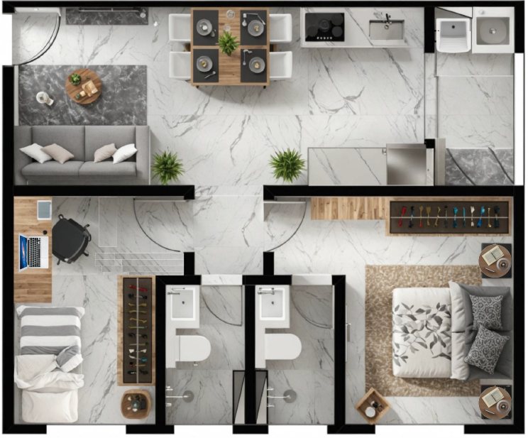 Planta de 51 m² do São Paulo Living Residencial — Planta única — 2 dormitórios, 1 suíte